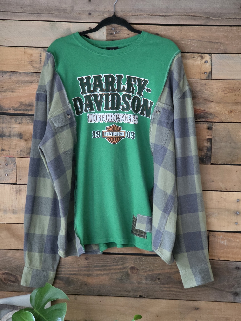 Upcycled Harley-Davidson Green Graphic Long-Sleeve Shirt
